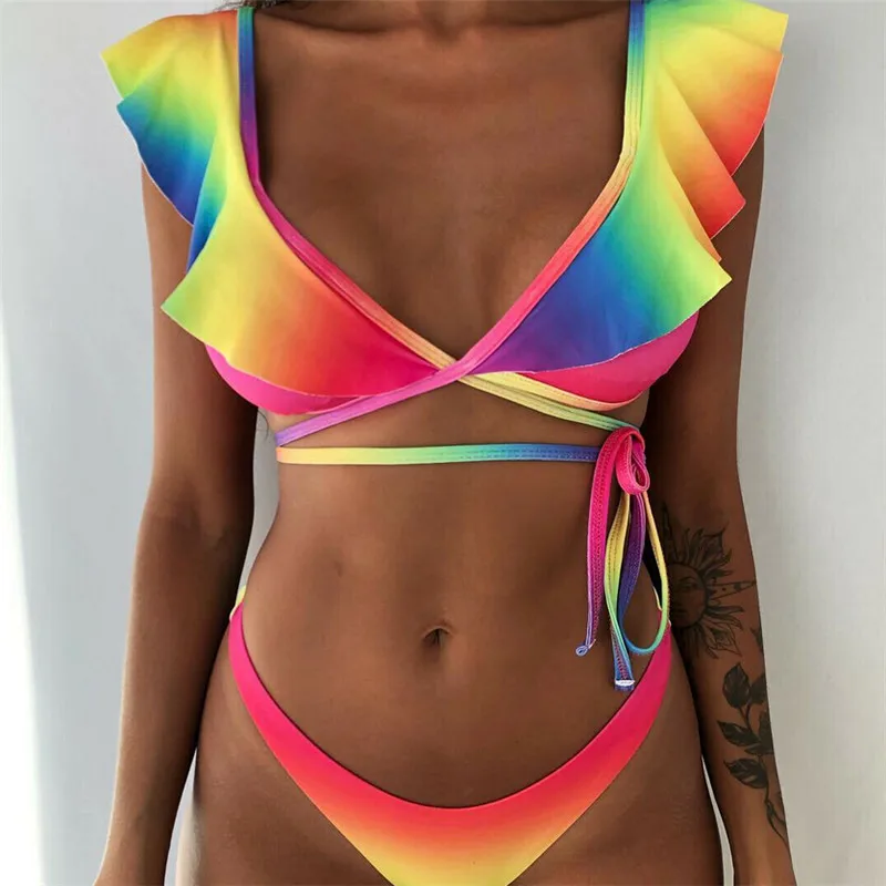 

2019 Summer Female Beachwear Gradient Printed Bathing Suit One-Piece Swimsuit Push Up Bikini Set Sexy Low Waist Bandage Swimwear