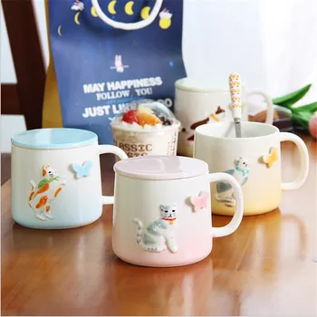 

4 Color Cartoon Cat Embossment Ceramic Coffee Mug Coffee Tea Milk Cup for Home Office Creative Gifts 370ml