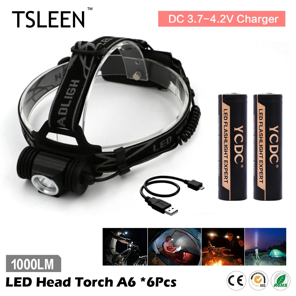 

2017 TSLEEN 6x Durable Aluminum Alloy LED Head Torch 1000LM Rechargeable USB Night Bike Lamp+Red Signal Light