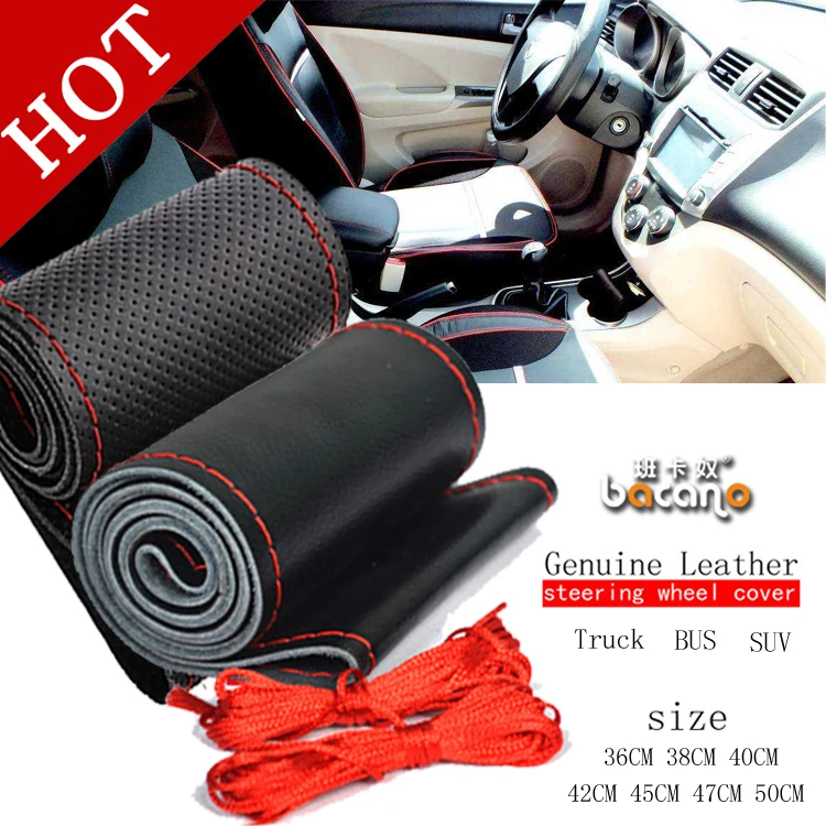 

BACANO Automotive Genuine Black line red Leather Steering Wheel Cover for Car SUV Bus Truck, SIZE 36cm~50cm Diameter