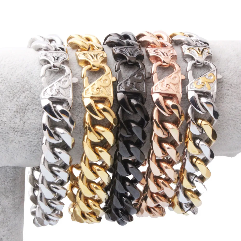 

Brand new Mens Jewelry Silver/Gold/Black/Rose Gold Stainless Steel Curb Chain Bracelet 13mm/15mm