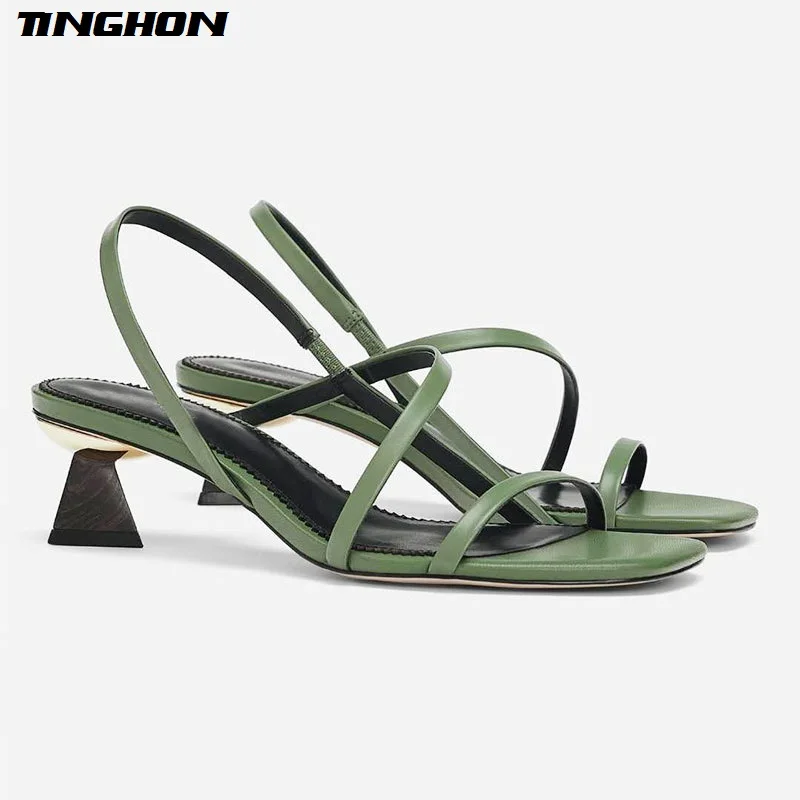 

TINGHON Geometric Heel Cross-tie Slipper Sandals Slip on Narrow Band High Heel Sandals Women Open Toe Summer Sandals