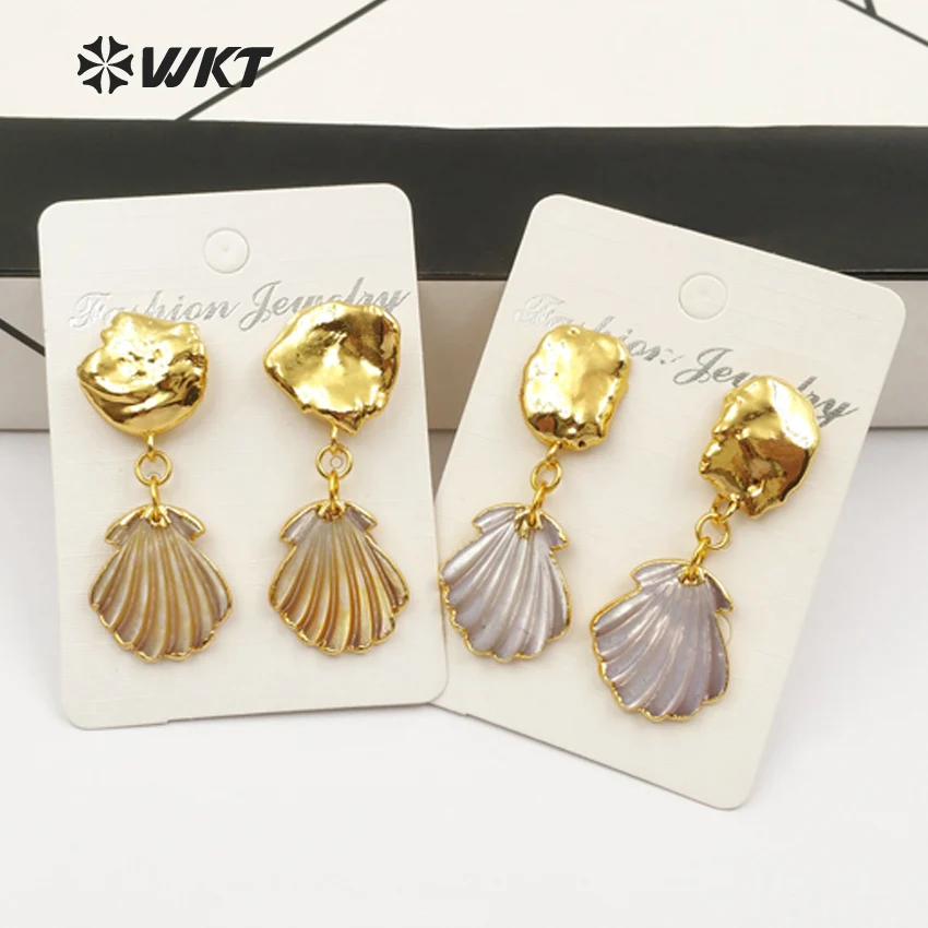 

WT-E454 Full Gold Dipped Freshwater Pearl With Gold Bezel Tiny Scallop Shell Earring Bohemia Style For Women Beach Usual Jewelry