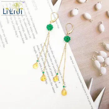 

LiiJi Unique Natural Green Onyx,Citrines Tear Drop shape 925 sterling silver Chain Drop Leverback Dangle Earrings