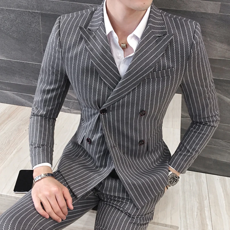  Size S-5XL ( Jacket + Vest +Pants) Mens Double-breasted Suit Fashion Striped Groom Wedding Dress Su