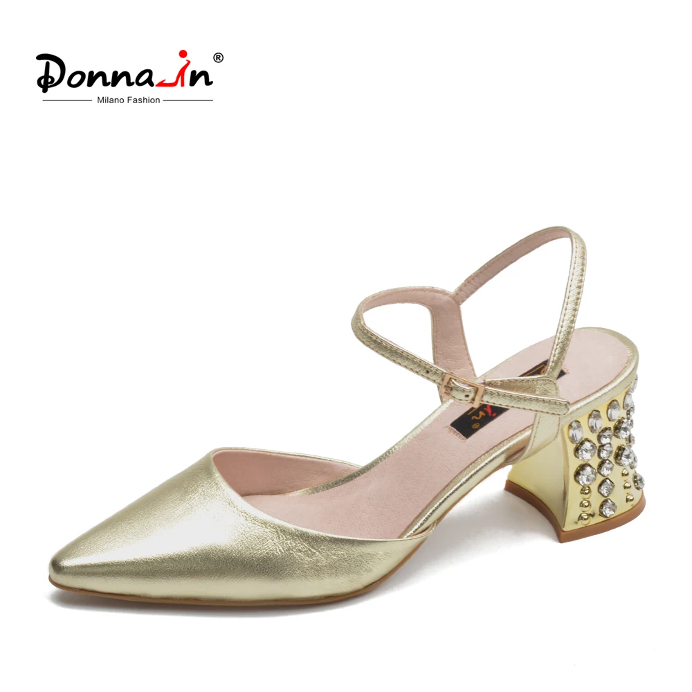 

Donna-in Women Shoes Genuine Leather Sandals Thick High Heel Shoes Pointed Toe Diamond Metal Color Fashion Sandals for Women