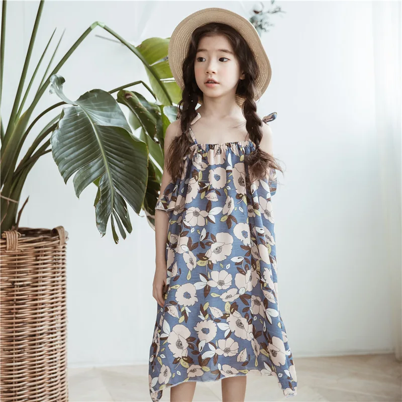 

Child Holiday Beach Dress 2018 New Kids Summer Girls Camisole Floral Dress Baby Chiffon Dresses Age 4-16Y
