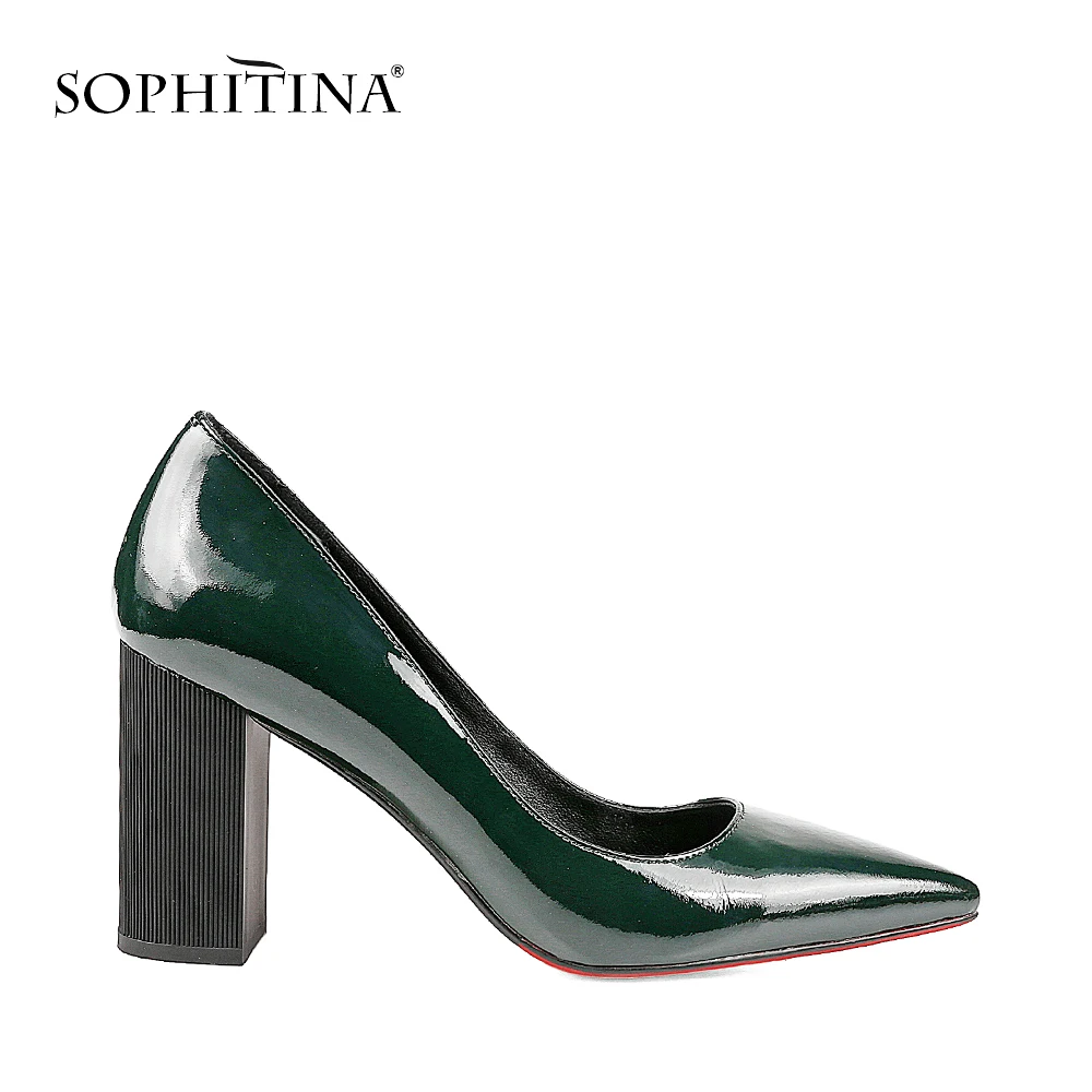 Meilleur SOPHITINA Automne Carré Talons Pompes En Cuir Verni Vert Foncé Élégant Office Lady Pompes Sexy Bout Pointu Parti Chaussures Femmes W03