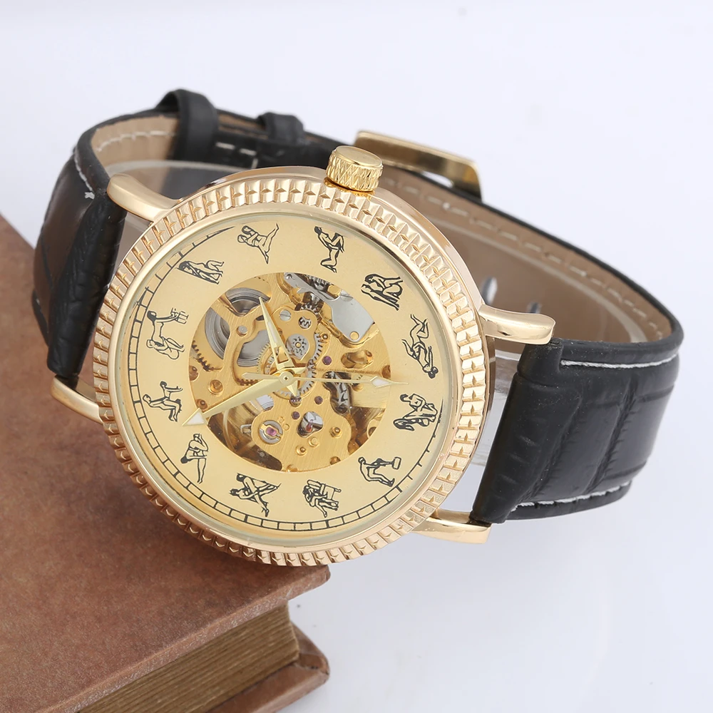 

GOER Gold Skeleton Mechanical Watches Men Luxury Watches Automatic Men Designer Watches PU Leather Relogio Masculino