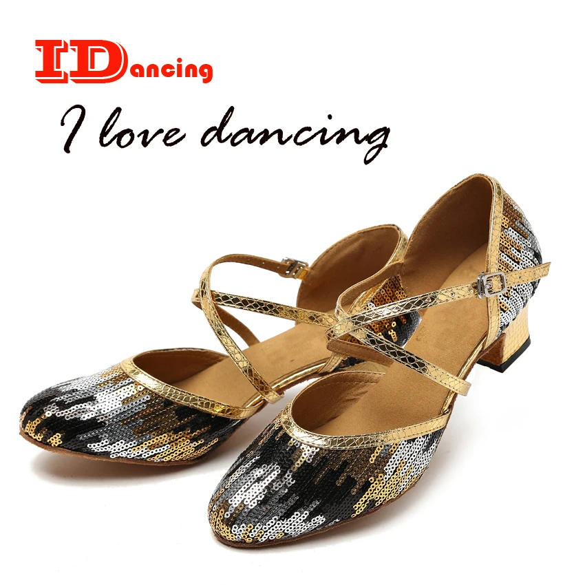 IDancing black shoes for women glitter latin dance shoes middle heel gold blue white soft and comfortable outsole low heel