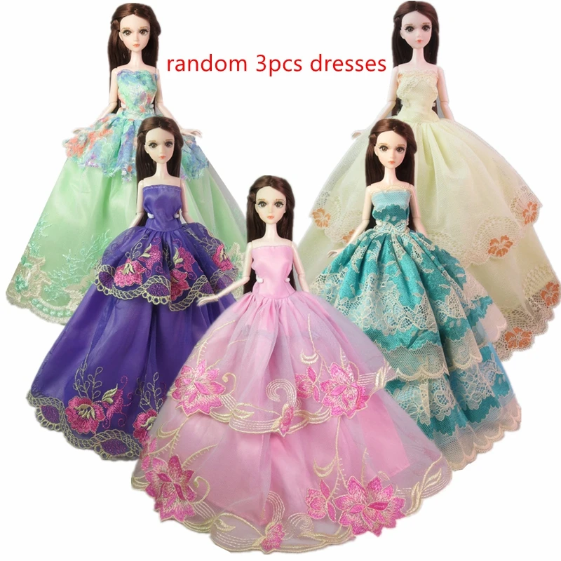 Платья для кукол, высокое качество, ручная работа, длинный хвост, вечернее платье, одежда, кружевное свадебное платье+ вуаль для куклы Барби, 1:6, аксессуары для кукол - Цвет: random 3pcs dress4