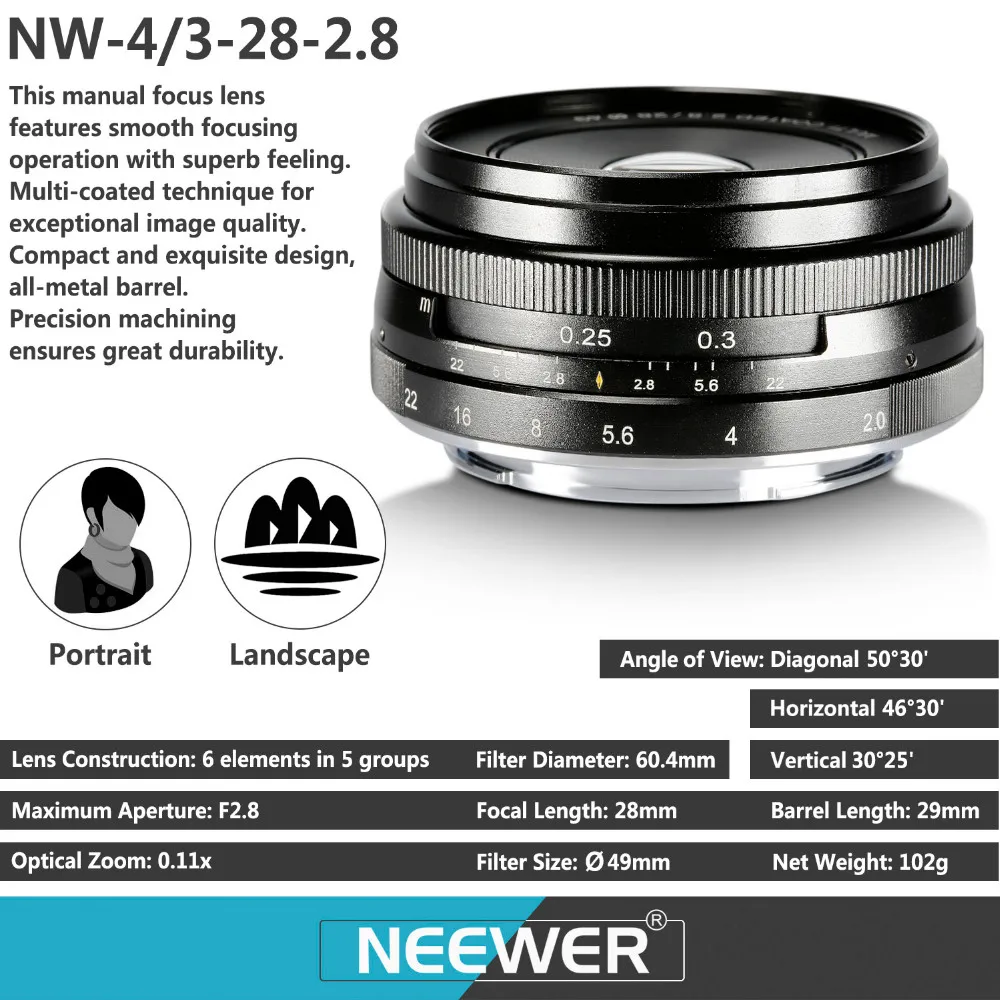 Neewer 28 мм f/2,8 ручная фокусировка Prime фиксированный объектив для OLMPUS/PANASONIC APS-C цифровых камер как E-M1/M5/M10/E-P5E-PL3/PL5/PL6/PL7