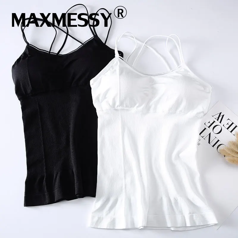 MAXMESSY Deep V Underwear For Women Camisoles Sexy Tank Top Padded Back Cross Seamless Body Sleepwear Vest for Girl B036