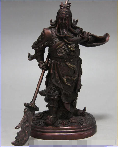 

9" Chinese Folk Pure Red Copper Bronze Dragon Guan Gong Guan Yu Warrior Statue