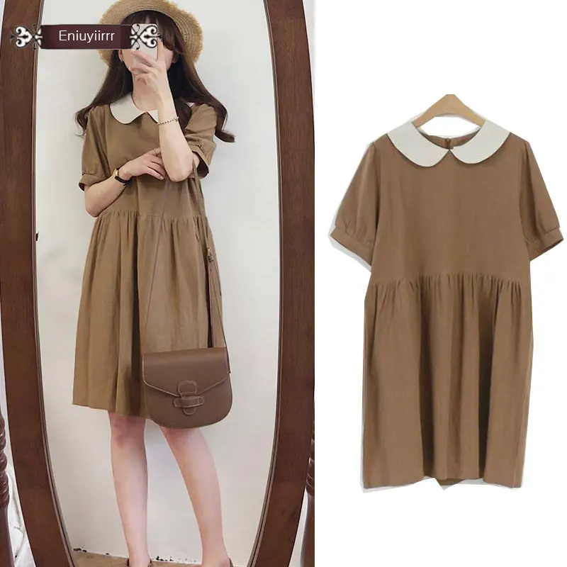 Vestido de algodón coreano y japonés mujer, Vestido de manga corta cuello Peter Pan, holgado, Vintage, E023|Vestidos| - AliExpress