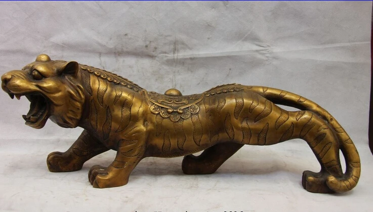 

S0510 China Brass Copper Carved Animal Wealth Money Blessing Fu Tiger Statue Sculpture D0318