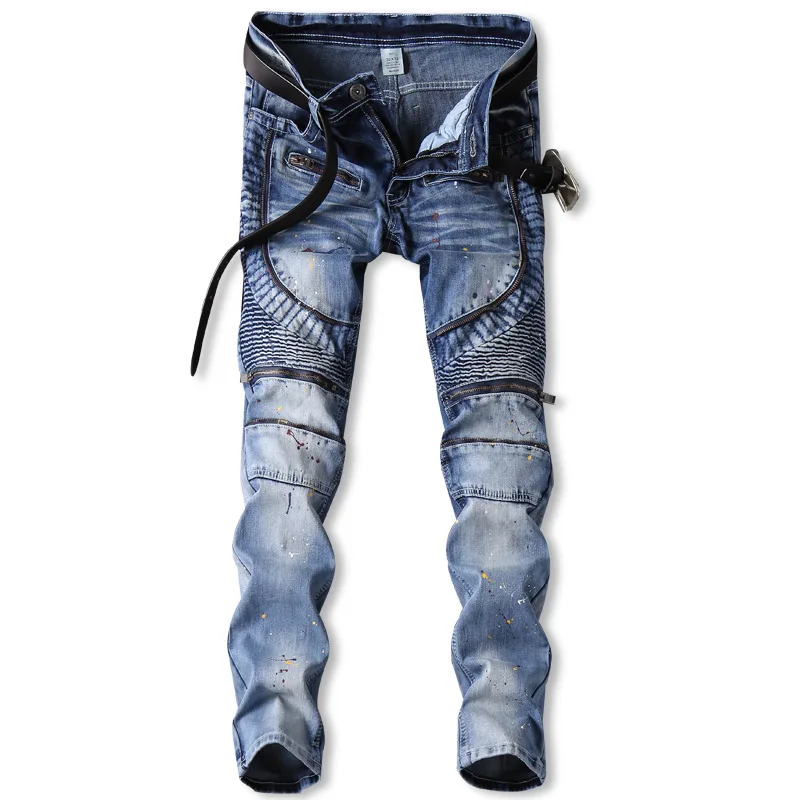 Эластичные джинсы Для мужчин прямые байкерские джинсы с декоративными молниями и Fling Краски пятна плиссированные мотоцикл Жан брюки Для