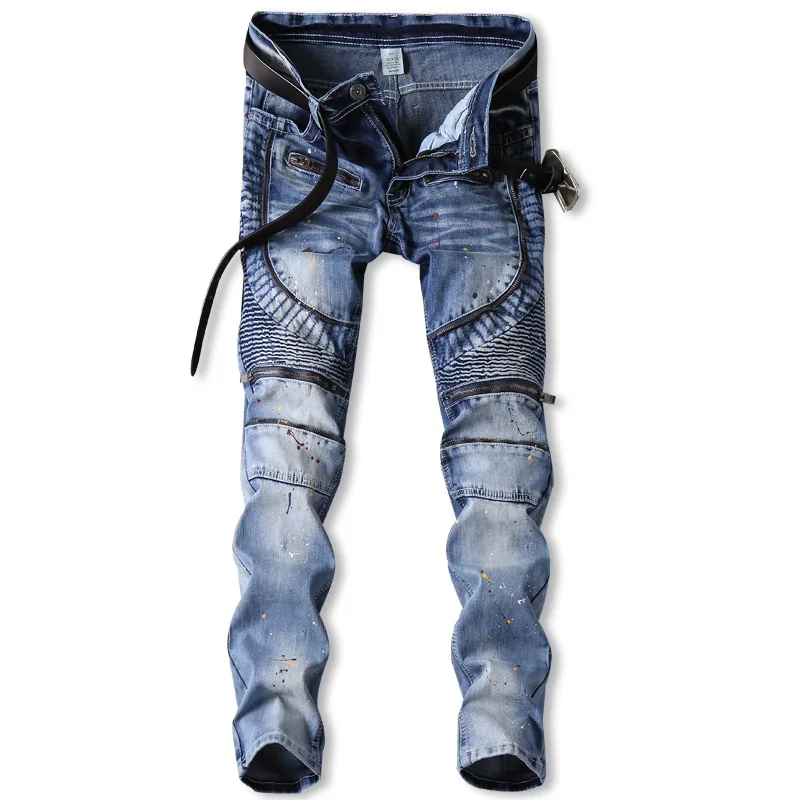 Stretchy Jeans Men Straight Biker Jeans with Decorative Zippers and