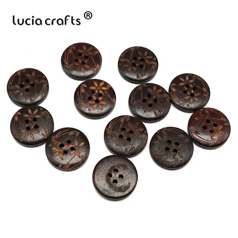 

Lucia crafts 6pcs/24pcs 23mm 4-Holes Round Wooden Buttons Laser Marking DIY Natural Wood Button Clothing Accessories E0216