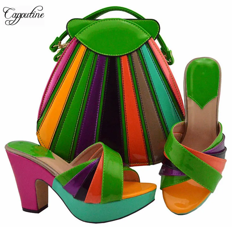 

Charming colurful pu leather party set matching high heel slip-on shoes with handbag set MD008 heel height 10.5cm