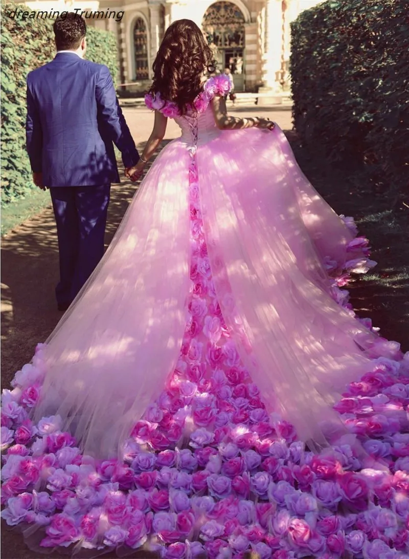 Розовые платья Quinceanera с 3D Цветочные Платья с цветочным принтом; для сладких 16 принцессы с юбкой из тюля; платье для балла маскарада платье для выпускного вечера