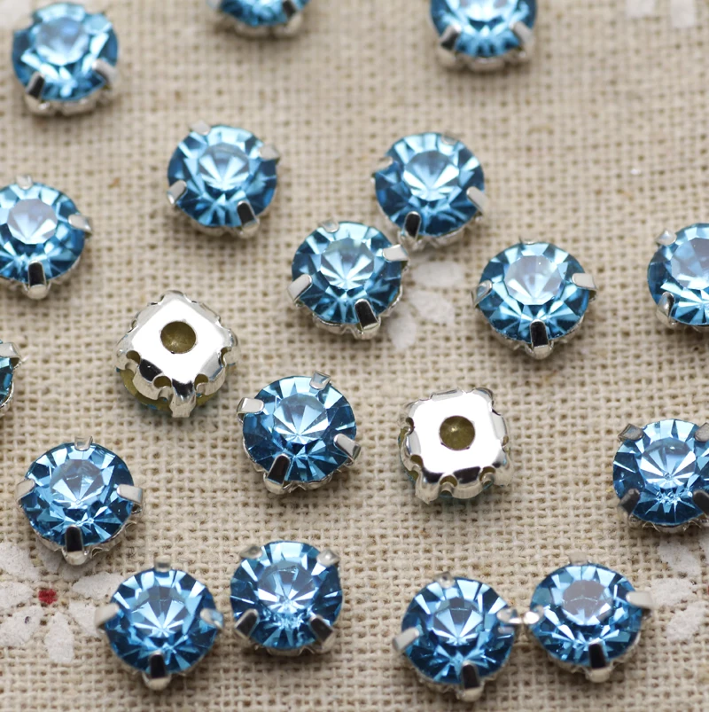 

200pcs 3.8mm Aqumarine FlatBack Sew On Stones With Claws Silver Plated Setting Crystal Glass Stone For Wedding Dress Decoration