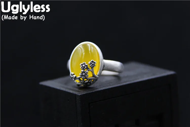 Uglyless реального S990 серебряные женские Fine Jewelry природный желтый халцедон заявление Кольца ручной гравировкой Цветок Овальный перстень