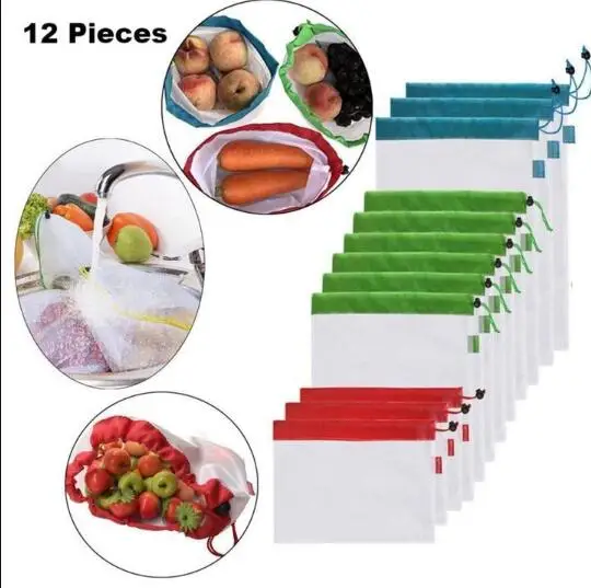 12 шт./лот многоразовые сетчатые сумки для производства моющиеся экологически чистые сумки для хранения продуктов, фруктов, овощей, игрушек, мелочей