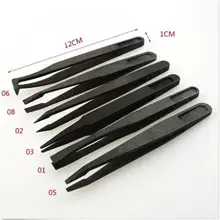 6pcs Portable Black Straight Bend Anti-static Plastic Tweezer Heat Resistant Repair Tool Free Shipping