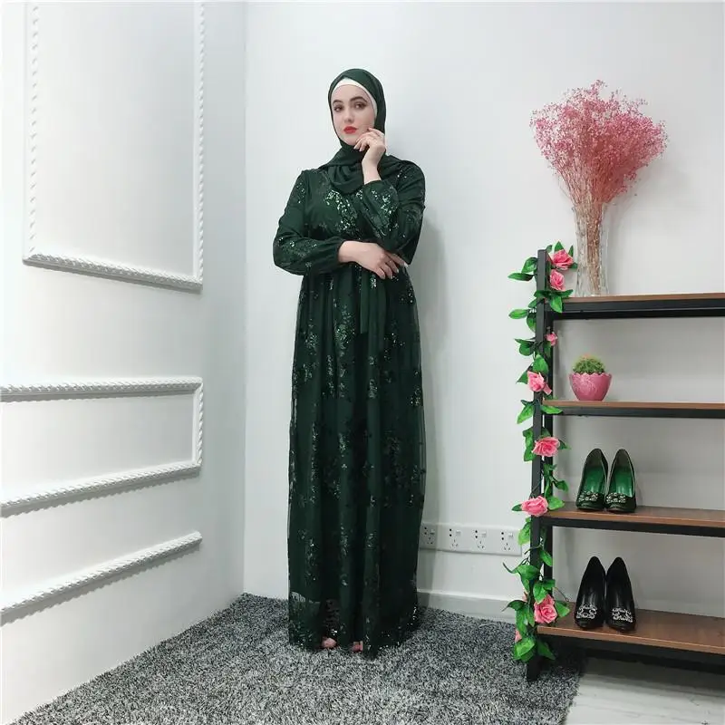 Дубай абайя для женщин блесток мусульманское платье макси Свадьба Вечеринка кафтан длинное платье Блеск Мода Рамадан длинное платье Новинка - Цвет: Зеленый