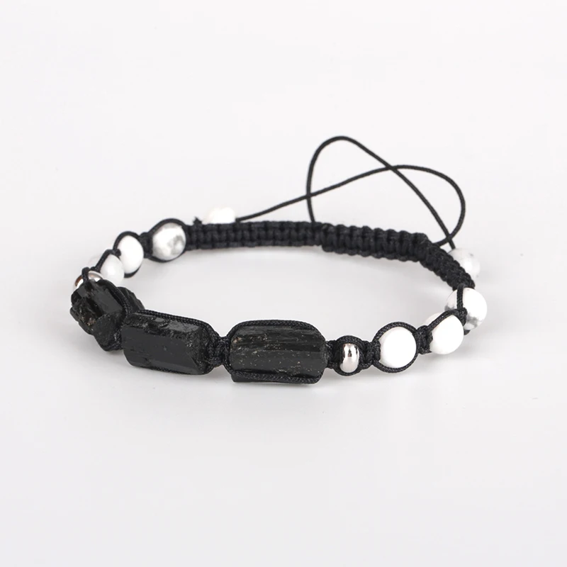 

Natural Rough Black Tourmaline Healing Stone Bead White Turquoises Howlite Nylon Rope Adjustable Macrame Energy Bracelet Unisex