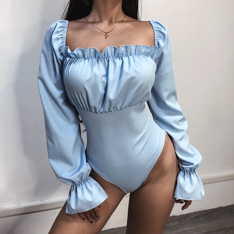 

Fashion Lace Up Backless Bodysuit Women Solid Long Sleeve Slim Bodysuits Square Collar Skinny Casual Bodysuit 2019 New