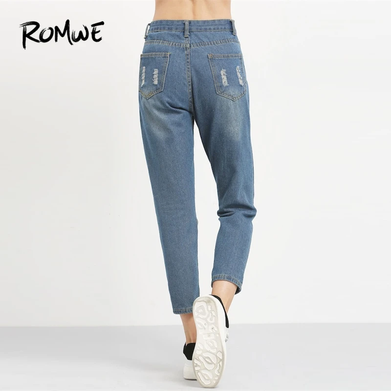 ROMWE Blue Ripped Distressed Boyfriend Ankle Denim Jeans Women Casual Summer Autumn Plain Straight Leg Pants Spring Trousers