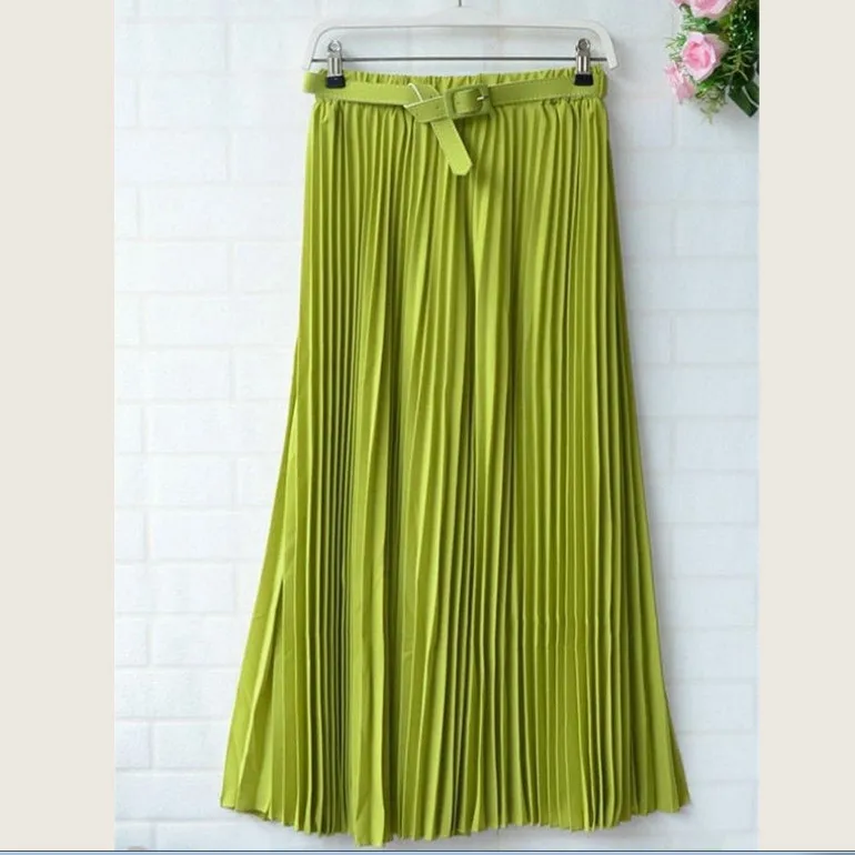 Womens Skirt Belt High Waist Solid Color Retro Maxi Chiffon Pleated Elegant Long Skirt Summer Skirt Womens New 13 Styles