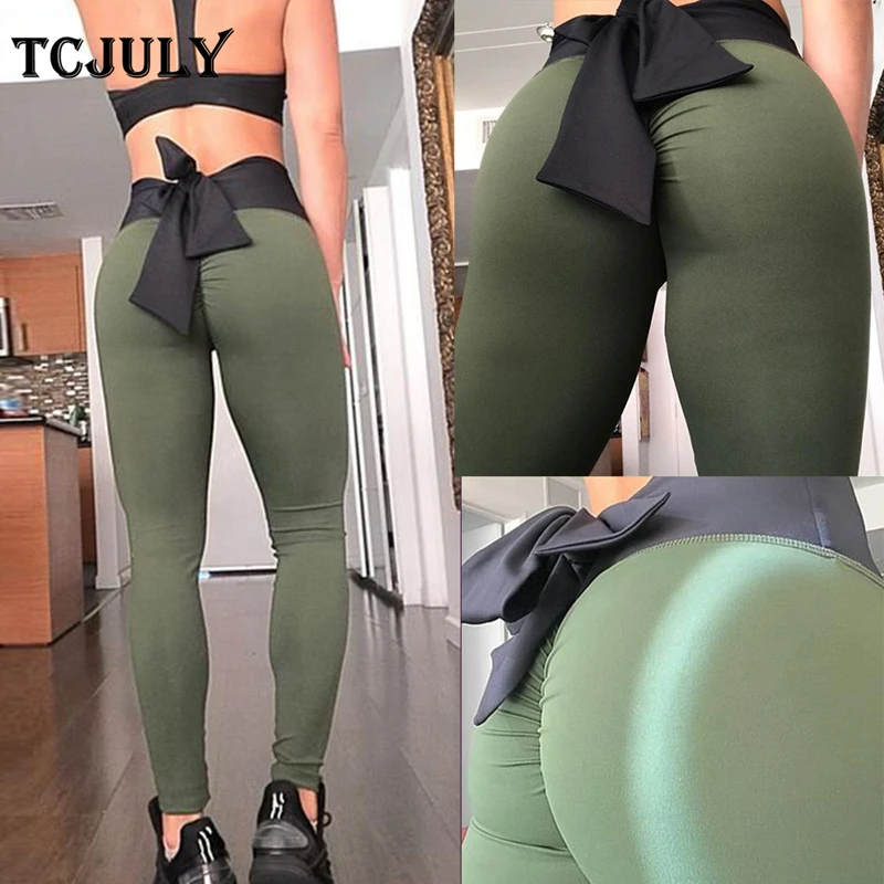 

TCJULY 2019 New Arrival Slim Leggings Women High Waist Skinny Push Up Leggings Sexy Bow Tie Decorate Fitness Ankle Length Pants