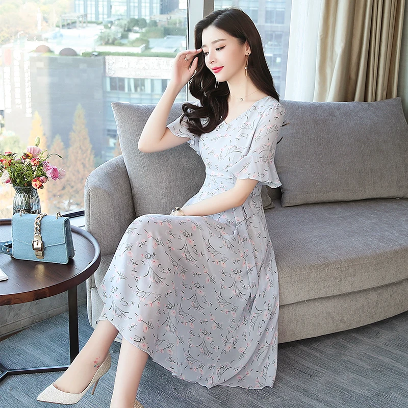 Summer Print Floral Party Women Dress Blue Elegant Lady Vacation Lacing Midi A-line Vintage Korean Chiffon Vestido New Arrivals