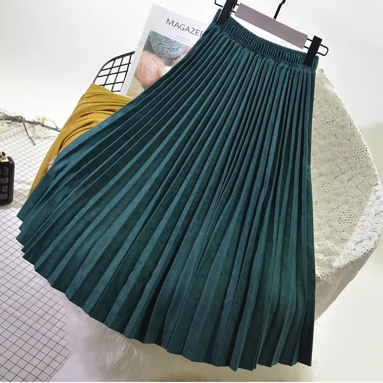 Двухслойная осенне-зимняя женская замшевая юбка, длинная Плиссированная юбка для женщин, s Saias Midi Faldas, винтажная Женская юбка миди