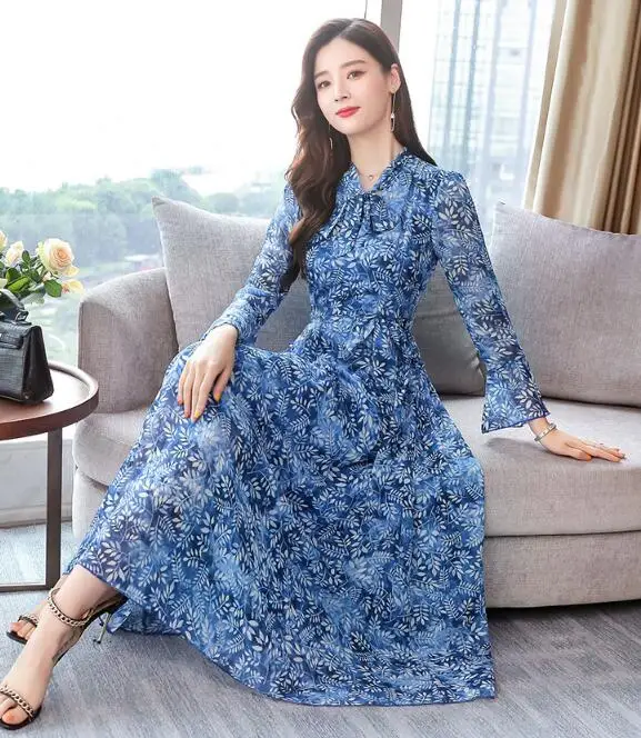 

2019 New Arrival High Quality Elegant Flower Printed Bowknot V Collar Long Sleeve Woman Chiffon Long Dress