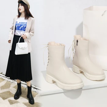 

2019 Hot New Autumn Ankle Boots Women High Quality Solid Lace-up European Ladies Booties shoes botas mujer Large Size 34-43