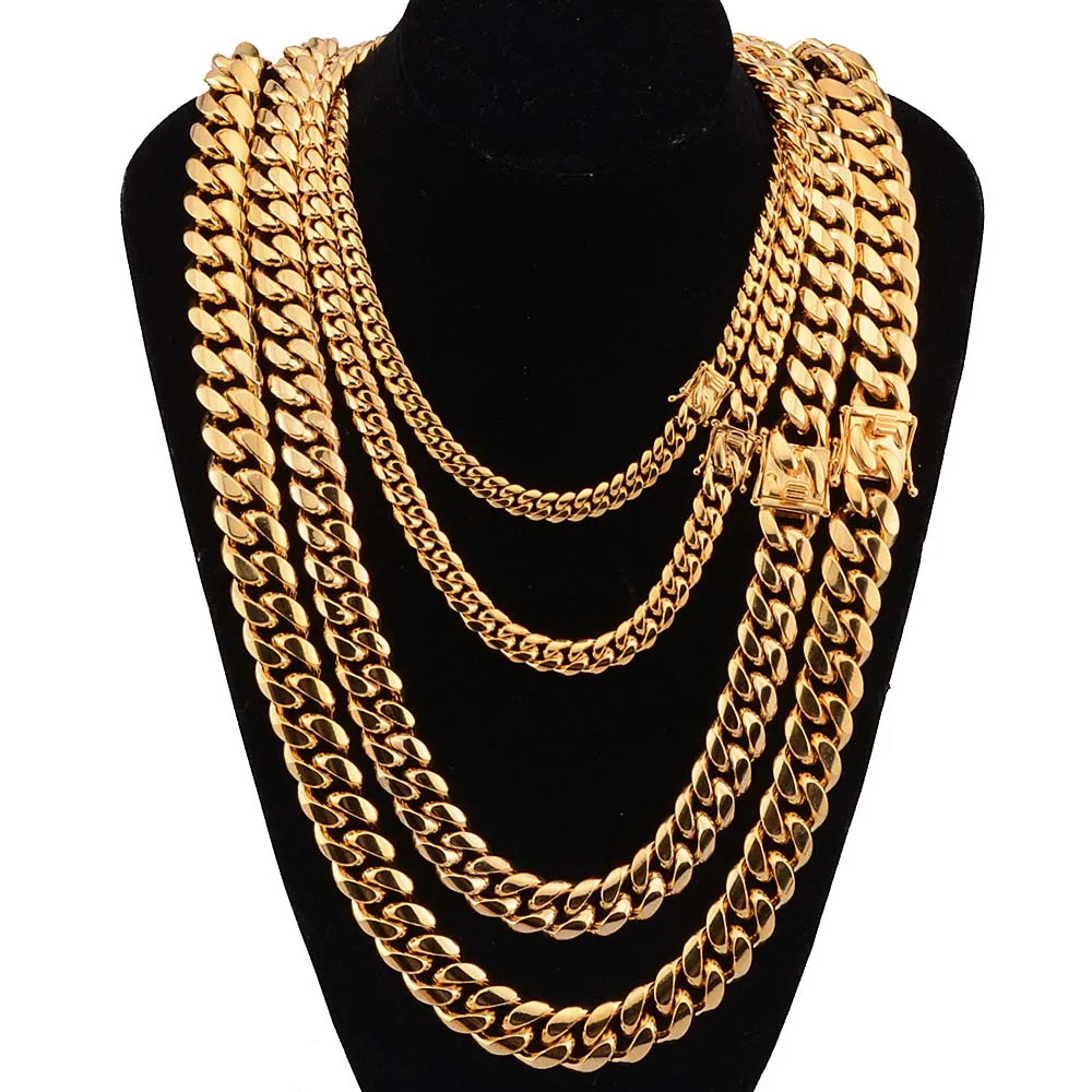 Miami Cuban Link Chain Rhinestone Clasp 14K Gold Plated Stainless Steel 8mm-18mm 