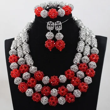 

Unique Costume Silver and Red Crystal Beads Necklace Jewelry Set Vintage Wedding African Beads Jewelry Set Free Shipping QW1033