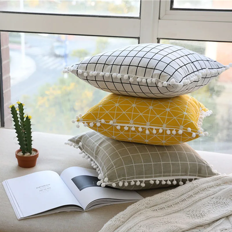 

INS popular cushion cover fashion Geometric lattice home decorative pillow cover 45x45cm cotton linen pillowcase tassel edge rim