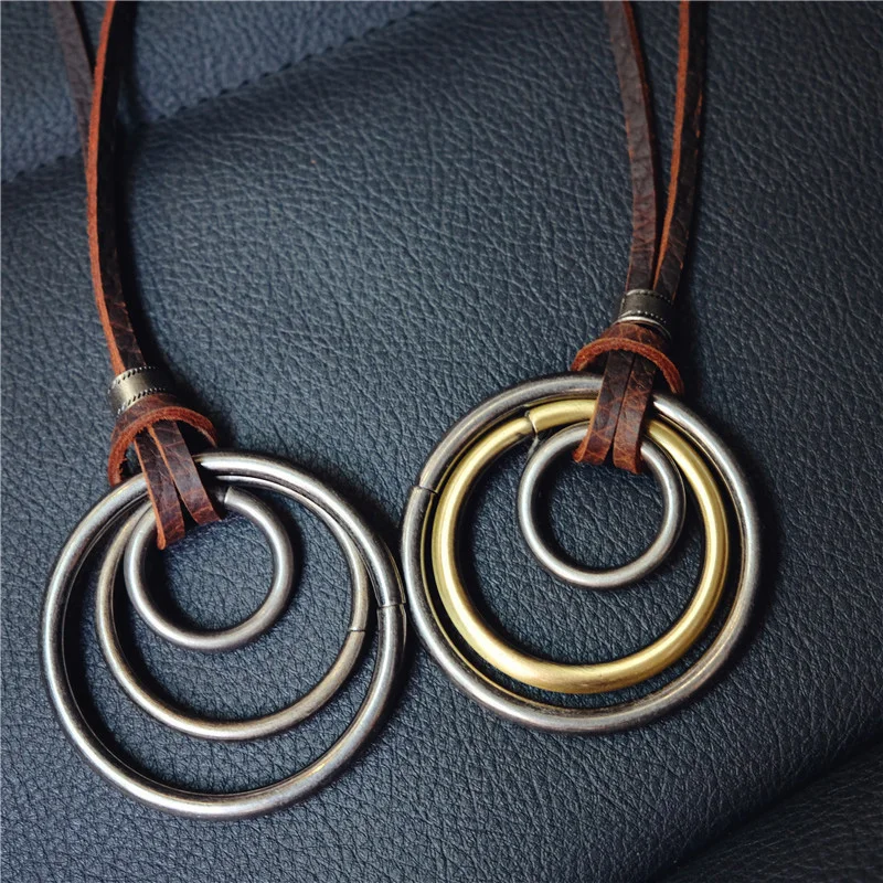 NIUYITID 100% Genuine Leather Jewelry Collar Chain Vintage Three Circle Pendant & Necklace For Women Men Gift Accessories (5)