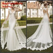 Sexy V Neck Backless Lace Mermaid Wedding Dresses 2017 Detachable Train Tulle Applique Vestido De Noiva Custom Made Bridal Gowns