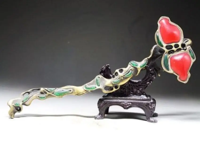 

10.5 " / Elaborate Chinese manual copper inlaid with artificial red jade ruyi statue No.2