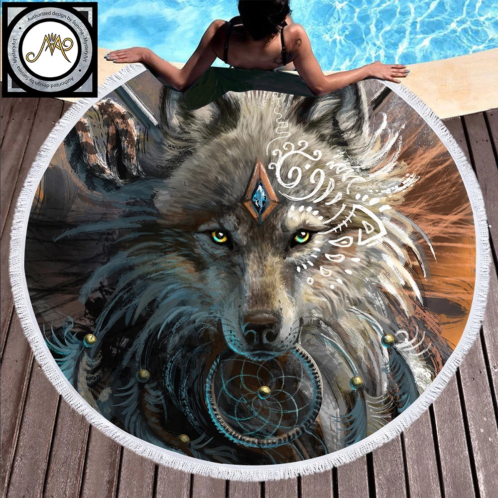 Цена Wolf Warrior by SunimaArt круглый пляжное полотенце взрослых Волк печатных микрофибры с кисточкой полотенце индийское одеяло большой родной Toalla