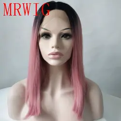 MRWIG короткий боб прямой 1b #/Новый розовый средняя часть синтетических бесклеевой спереди парик реального волосы, глядя