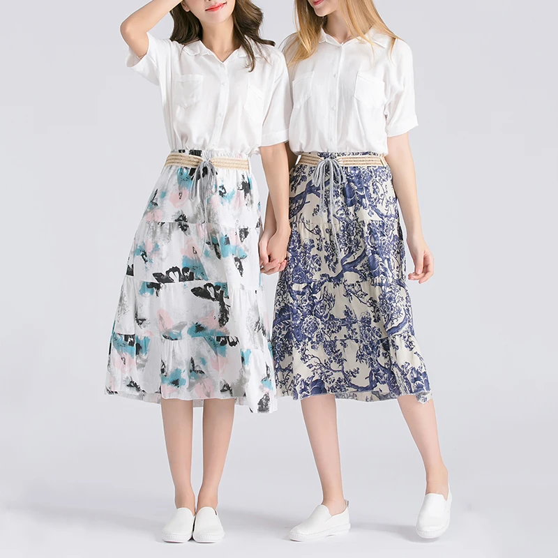 AZUE Женские Ретро многоуровневые Цветочные расклешенные льняные длинные пляжные юбки Повседневная короткая юбка