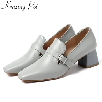 

Kraing Pot handmade concise design chunky heels slip on full grain leather square toe buckle belt streetwear women pumps L31