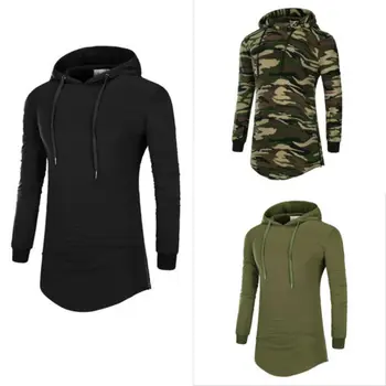 

Men's Casual Hipster Hip Hop Longline Side Zipper Long Sleeve Cotton Slim Hooded Sweatshirts Black Green Camouflage